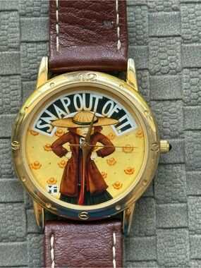 Mary Engelbreit Gold-Tone Wristwatch with Brown Leather Strap - Snap Out Of